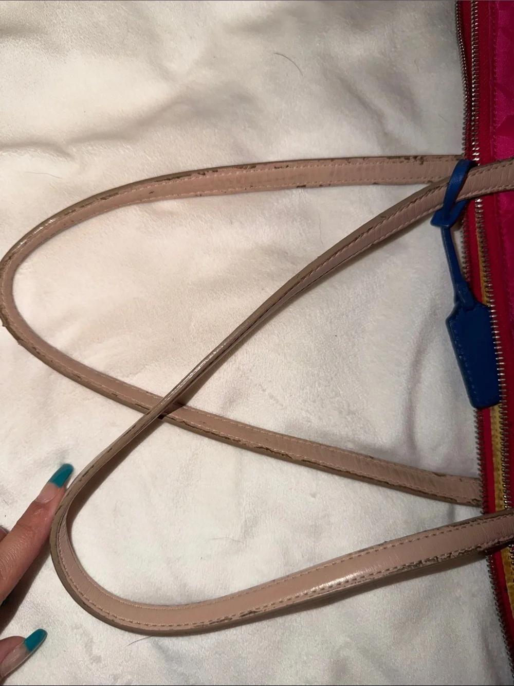 Coach Hot Pink Signature Nylon Tote with Tan Straps and Blue Trim #24862